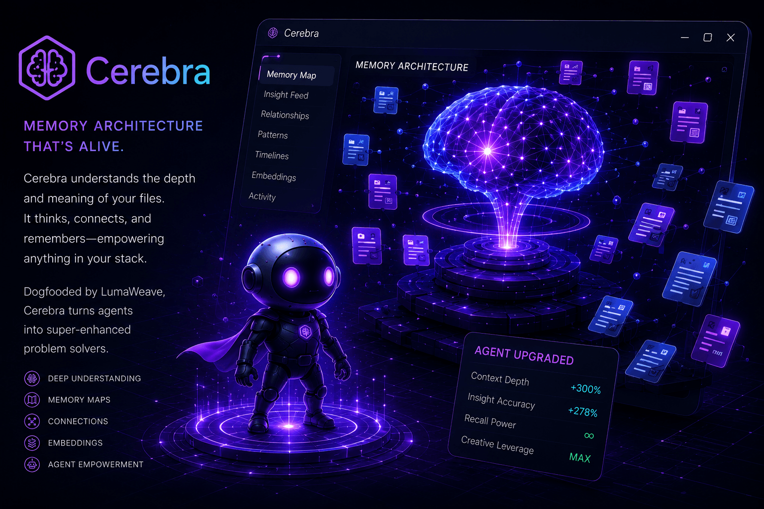 Cerebra — Memory architecture visualization showing memory map, embeddings, and an agent powered up by deep context